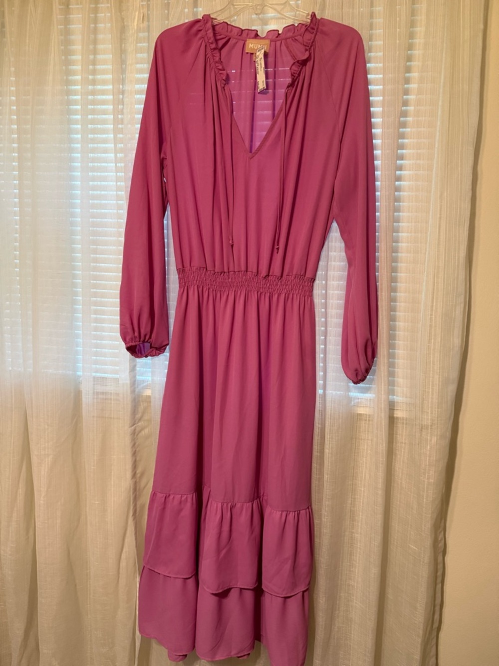 Show Me Your MuMu Rose-Pink Long Sleeve Tiered Midi Dress